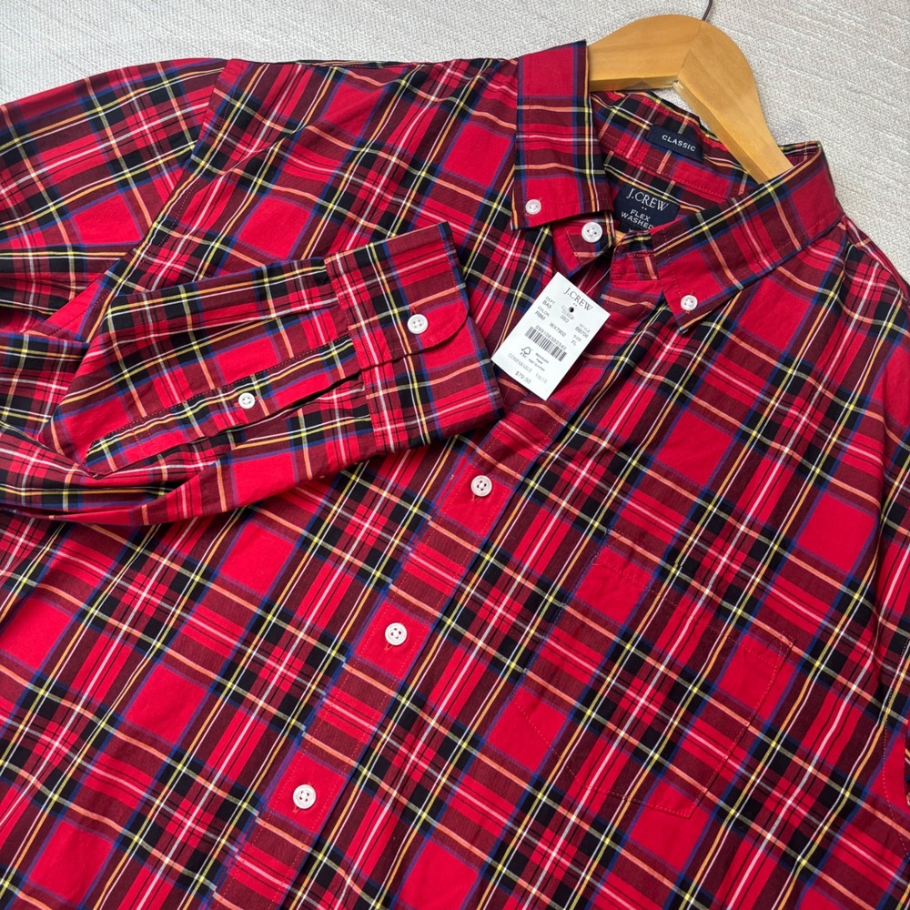 J.Crew Mens Classic Flex Washed Plaid Button Down Shirt Red XL BB708 NEW
